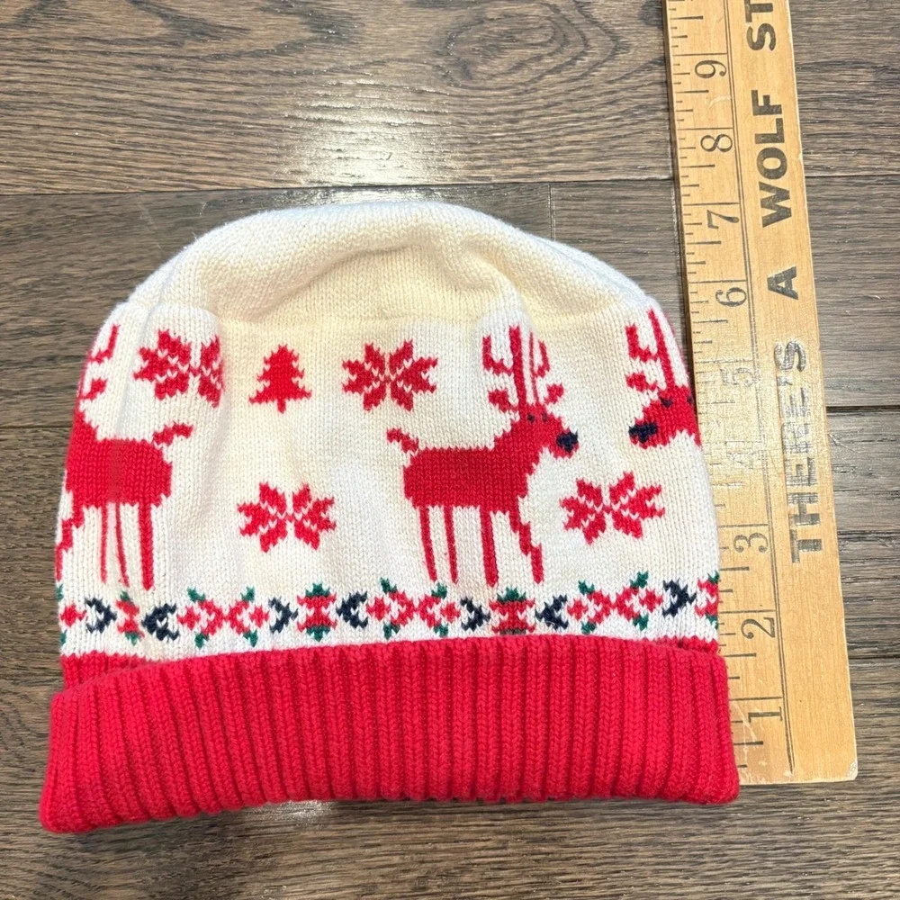 Hanna‎ Andersson Kids Reindeer Fair Isle Knit Beanie Hat Red Cream Size S